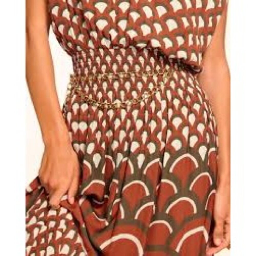 Ramy Brook Elie V-Neck Smocked Midi Dress in Amber Retro Large Womens Blouson - Picture 3 of 10